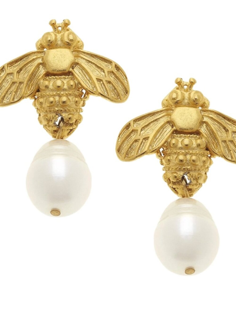 Buzz-Worthy! Susan Shaw Gold Bee + Freshwater Pearl Dangle Earrings